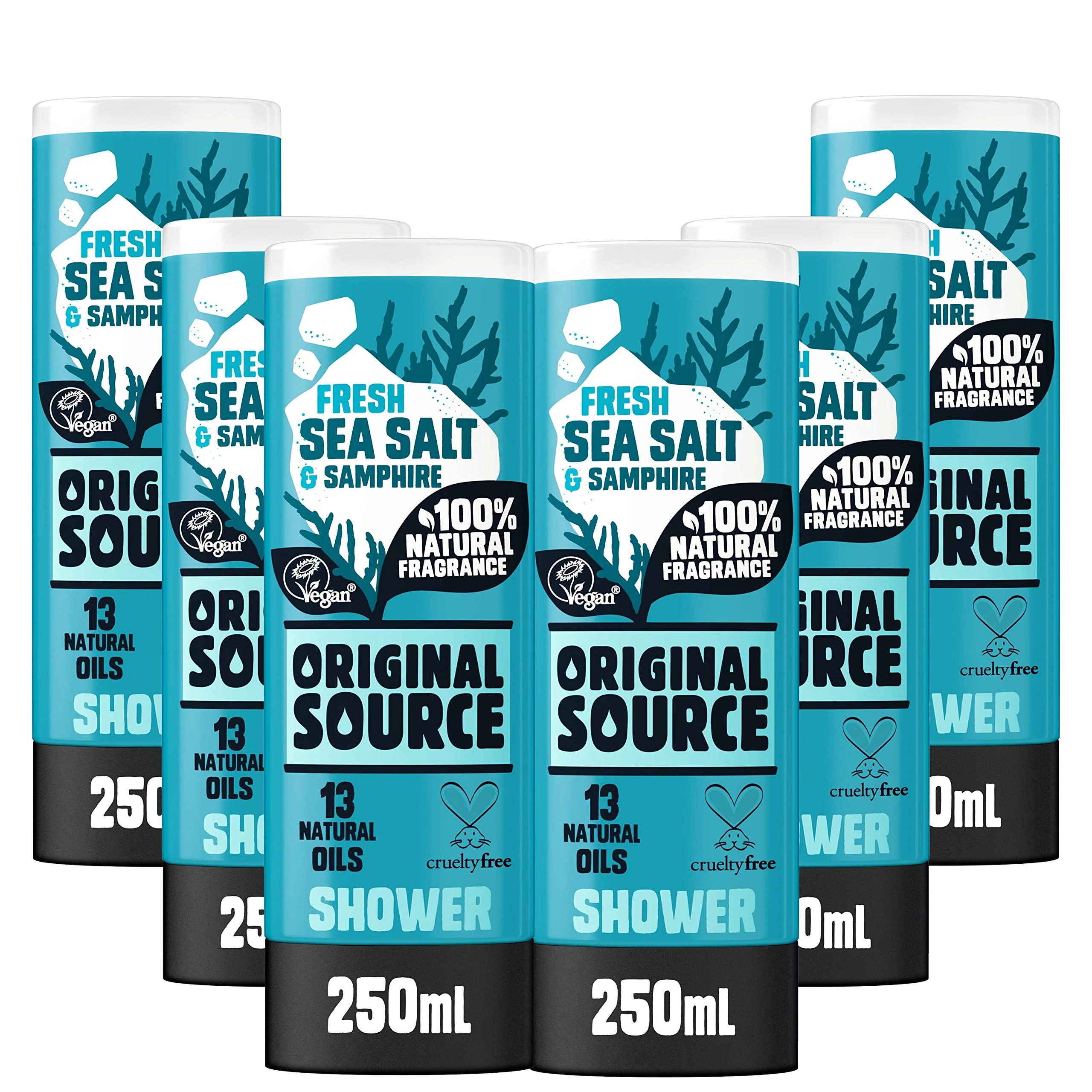 Original Source Sea Salt and Samphire Vegan Shower Gel, 100 Percent Natural Fragrance, Vegan, Cruelty Free, Paraben Free, Bulk Buy, Pack of 6 x 250 ml