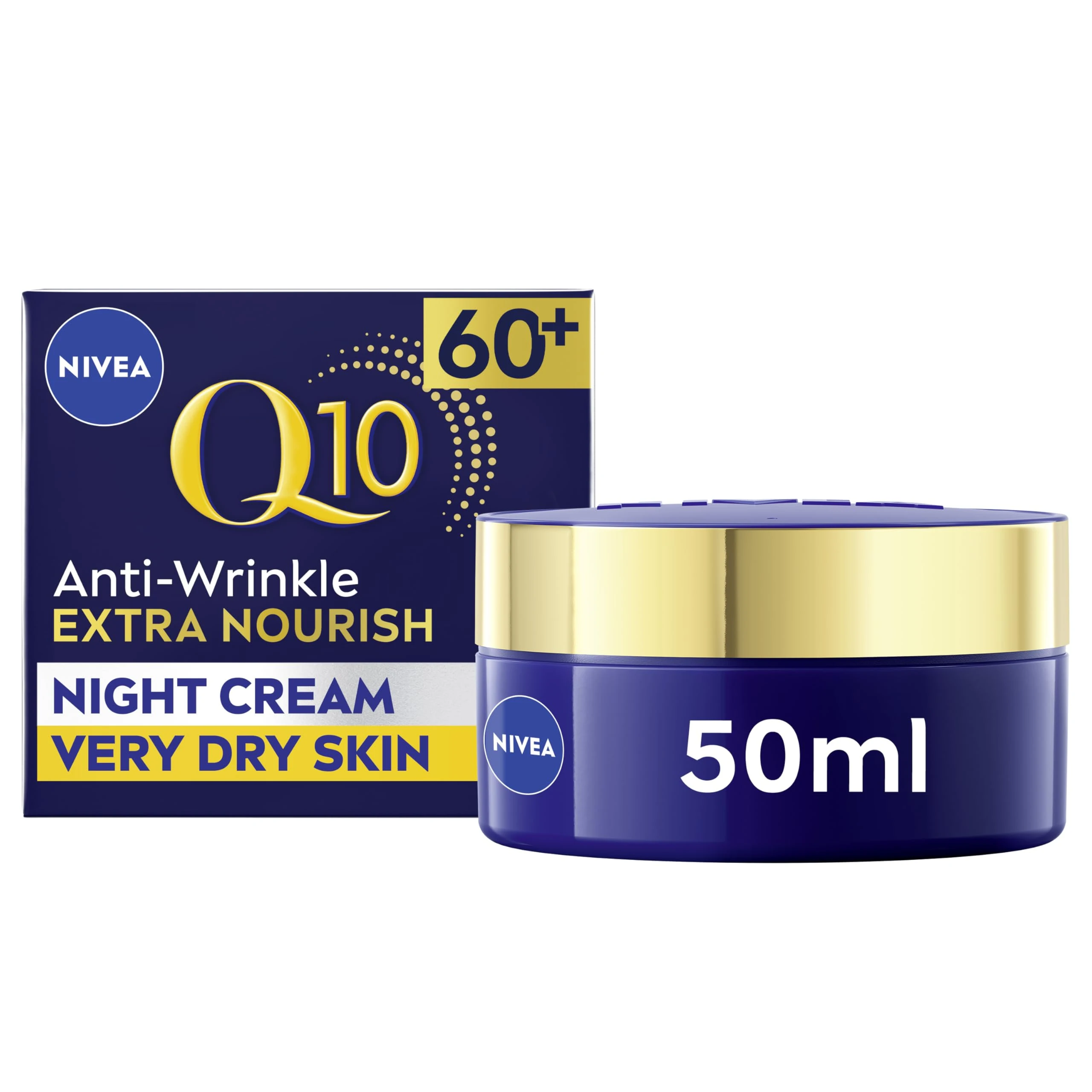 NIVEA Q10 Anti-Wrinkle 60+ Extra Nourishing Night Cream (50ml), Nourishing Night Cream Reduces Deeps Wrinkles, Intensely Hydrating and Restoring Overnight Anti-Wrinkle Moisturiser