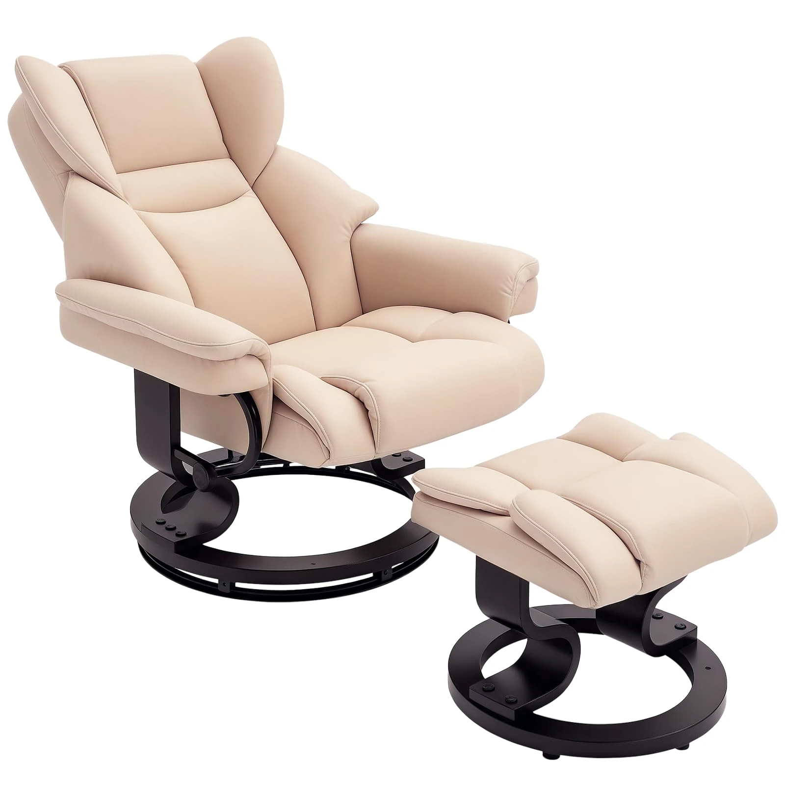 HOMCOM 360° Swivel Recliner Chair with Footstool, PU Leather Manual Recliner Armchair with Footstool, Solid Wood Base, Upholstered Reclining Chair for Living Room, Bedroom, Office, Cream