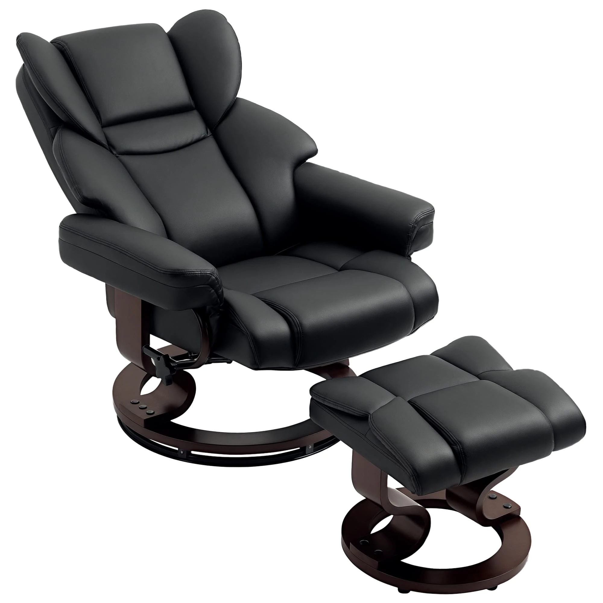 HOMCOM 360° Swivel Recliner Chair with Footstool, PU Leather Manual Recliner Armchair with Footstool, Solid Wood Base, Upholstered Reclining Chair for Living Room, Bedroom, Office, Black