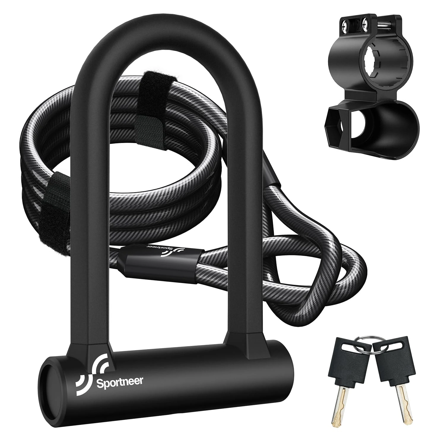 Sportneer Bike Lock: 17mm Heavy Duty Bike D Lock with 5Ft/1.2M High Security Steel Cable&Sturdy Mounting Bracket&Key Anti Theft Bicycle Locks for Road Bike, Electric Bike, Mountain Bike, Folding Bike