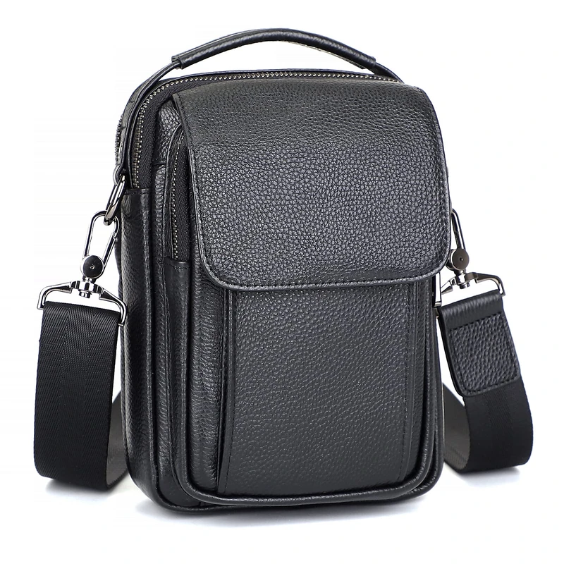 Augus Leather Small Messenger Bag For Men Crossbody Handbag Shoulder Sling Travel Bags for Men Purse Daypack Magnetic Buckle, Black, Small