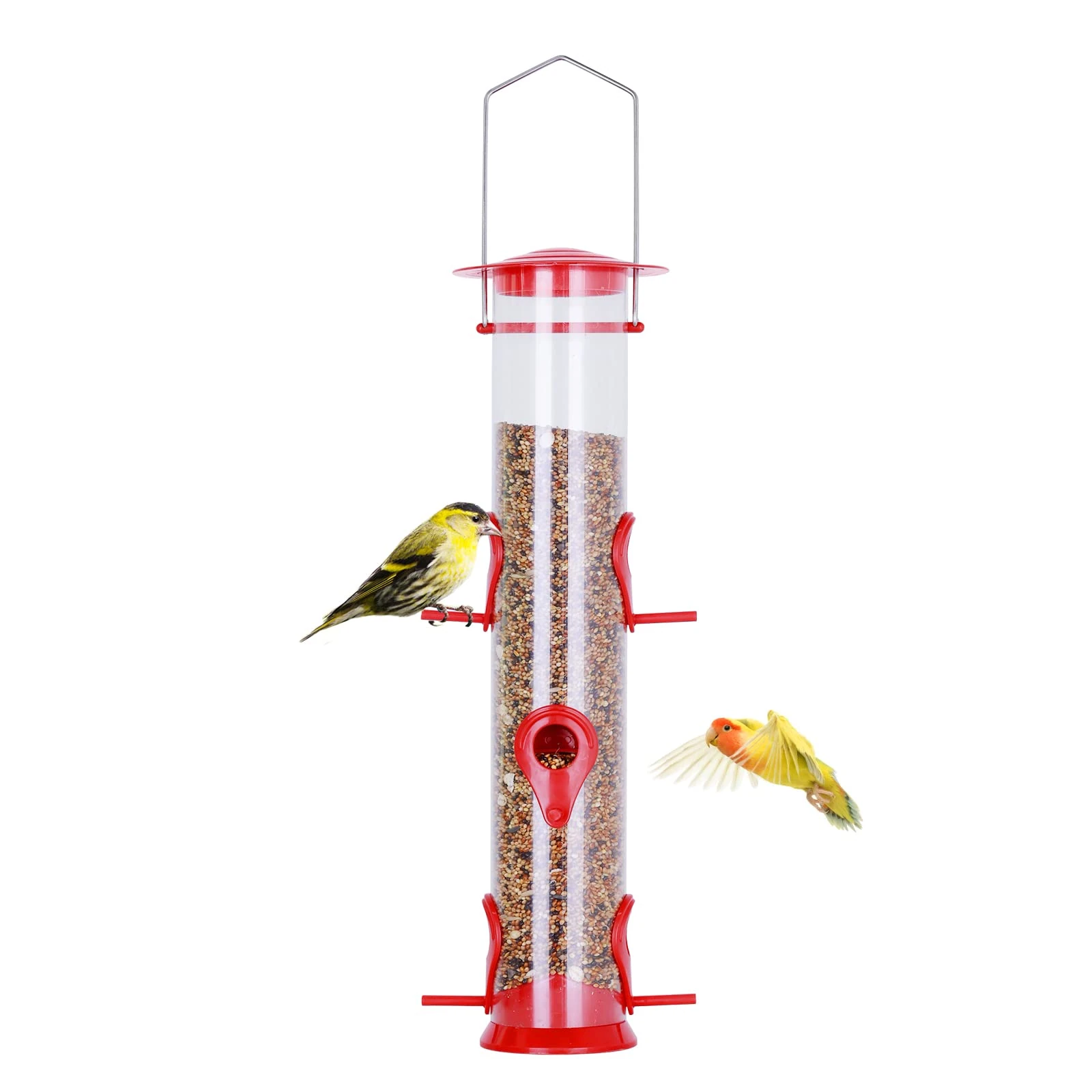 Urban Deco Bird Feeders Hanging Plastic Tube Bird Seed Feeder With 6 Ports Niger Seed Bird Feeder With Steel Hanger Weatherproof Fat Ball Bird Feeder For Small Birds - Red - 1 Pack