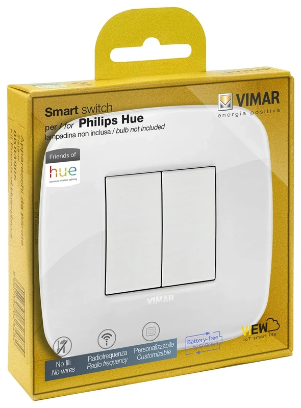VIMAR 0K03906.06 Arké Round Friends of Hue Smart Switch Kit, Wireless Light Switch Without Battery, Dimmer Switch Kit Contains Double Cover Plate, Mounting Frame, Switch and 2 Buttons White