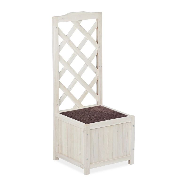 Relaxdays Planter Box with Trellis, Weatherproof, Wooden, Balcony, Garden Bed, 90 cm Lattice, 20 L, White, Wood, M