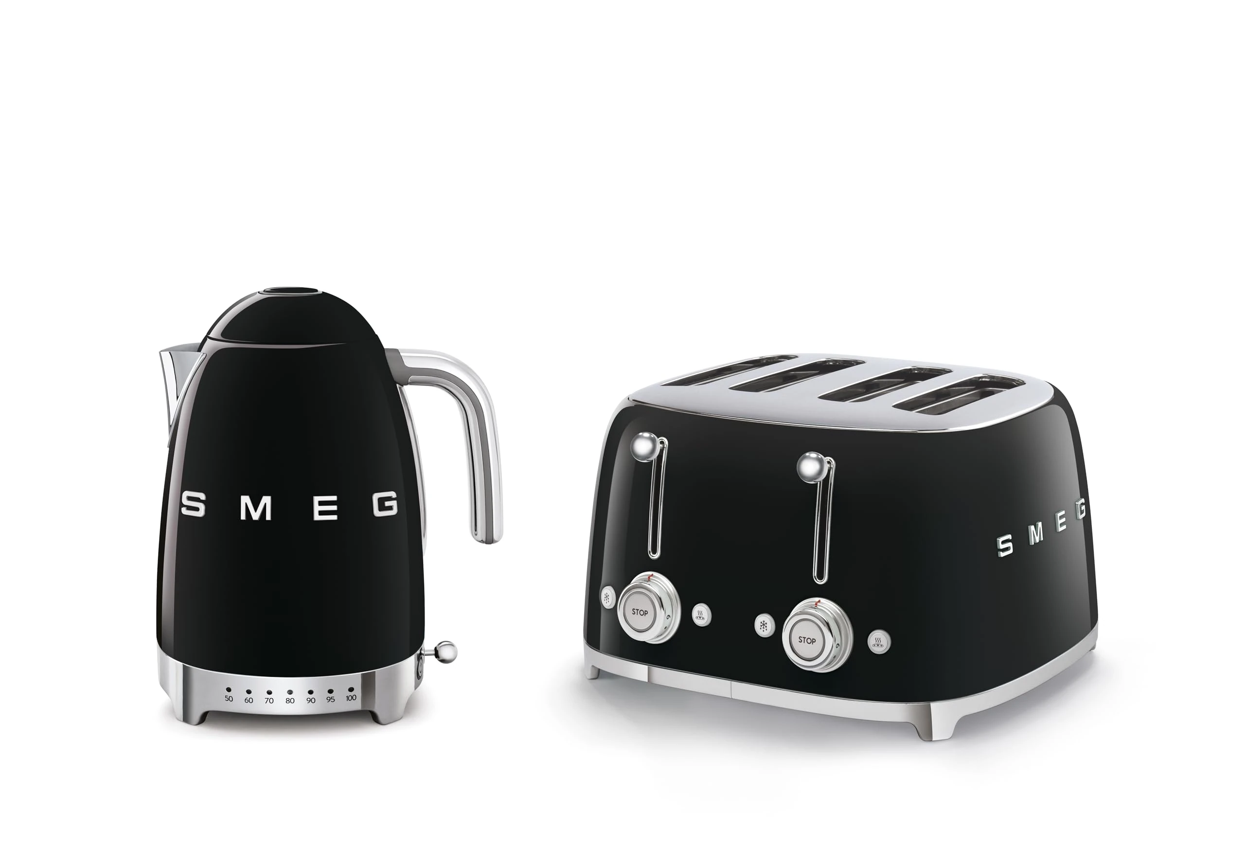 Smeg KLF04BLUK Jug Kettle with 7 Temperature Settings , 3KW, 1.7L & TSF03BLUK 4 Slice Toaster, Extra Wide Slots, Black