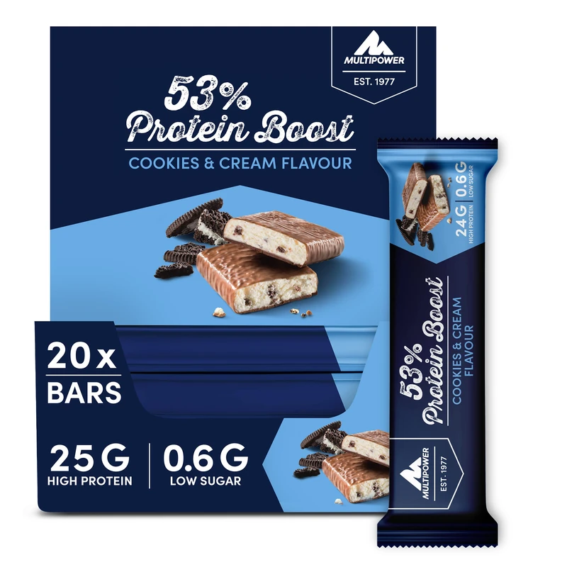 Multipower 53% Protein Boost - 45 g Protein Bar Coconut with 53% high quality protein - 24 g protein and 1,4 g sugar per protein bar - Image 1