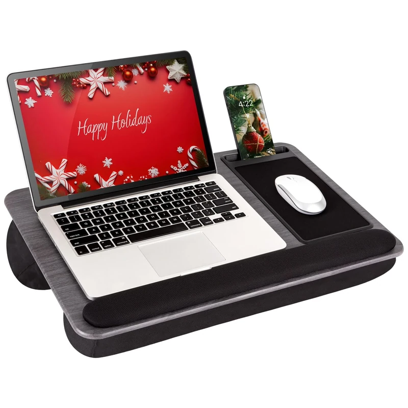 LapGear Home Office Pro Lap Desk with Wrist Rest, Mouse Pad, and Phone Holder - Gray Woodgrain - Fits up to 15.6 Inch Laptops - Style No. 91595
