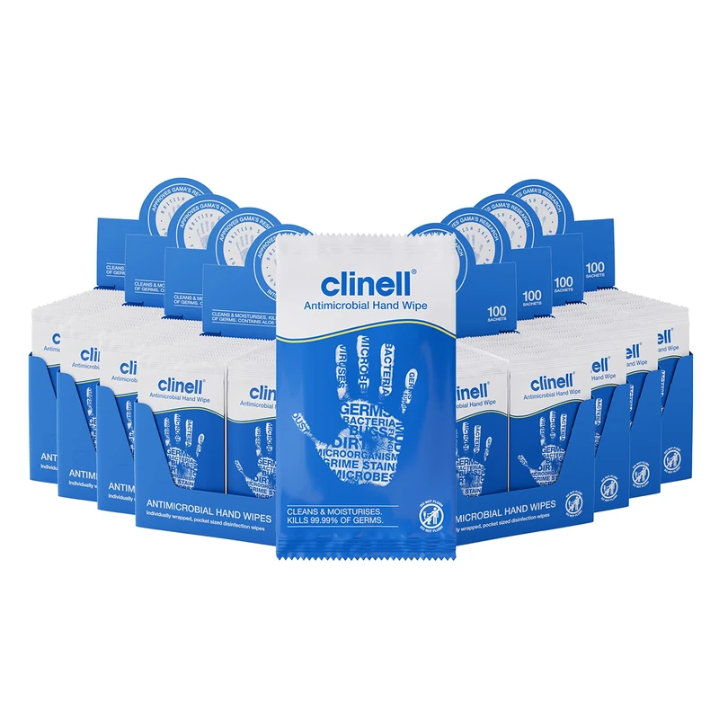 Clinell Antimicrobial Hand Wipes - Pack of 8 - 100 Individually Wrapped Sachets per Pack (800 Wipes) - Sanitising Wipes, Ideal for Travel - Dermatologically Tested, Kills 99.99% of Germs