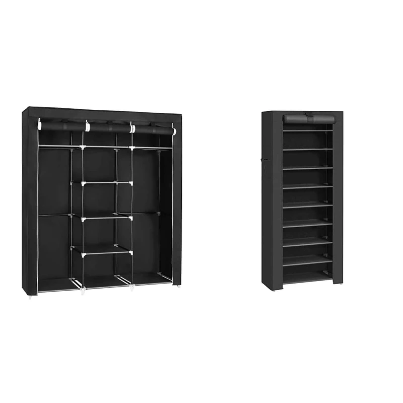 SONGMICS RYG12B Folding Wardrobe, Fabric Cabinet, Foldable Coat Rack with 2 Clothes Rails, 175 x 150 x 45 cm, Black, Canvas & 10-Tier Fabric Rack, Shoe Organiser, Large Capacity, Easy Assembly