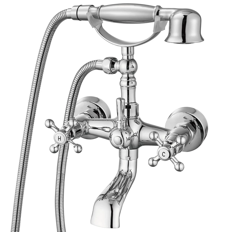 Polish Chrome Bathtub Faucet with Handheld Shower Sprayer Wall Mount Double Cross Handle Mixer Tap Vintage Telephone Shaped Hand Sprayer Shower Set