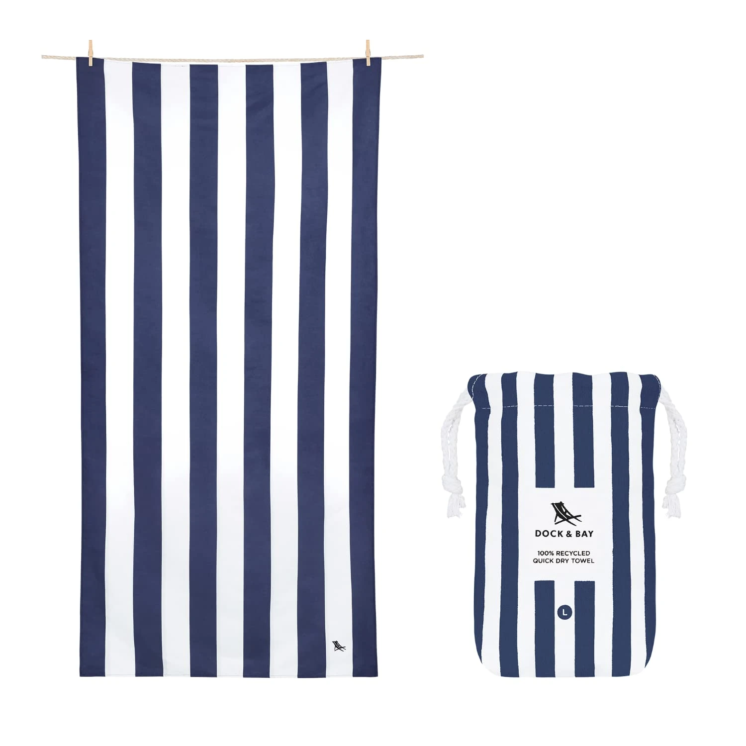 Dock & Bay Beach Towel - Quick Dry, Sand Free - Compact, Lightweight - 100% Recycled - Includes Bag - Cabana - Whitsunday Blue - Large (160x90cm, 63x35")