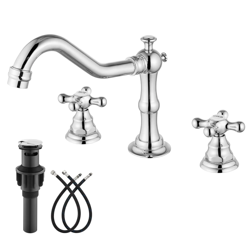 Widespread Bathroom Sink Faucet Double Cross Knobs Polish Chrome 3 Hole Mixing Tap Deck Mount with Pop Up Drain