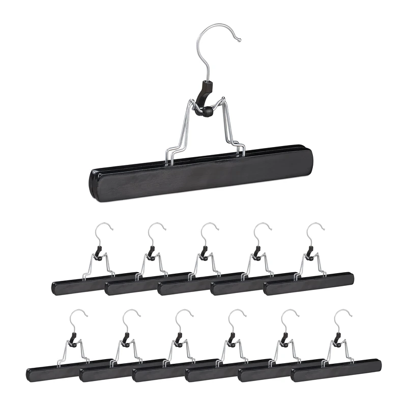 Relaxdays Wooden Trouser Clamp Hangers, 12 Pieces, 360° Swivel Hooks, Felt Protectors, HWWD 17 x 25 x 2.3 cm, Black