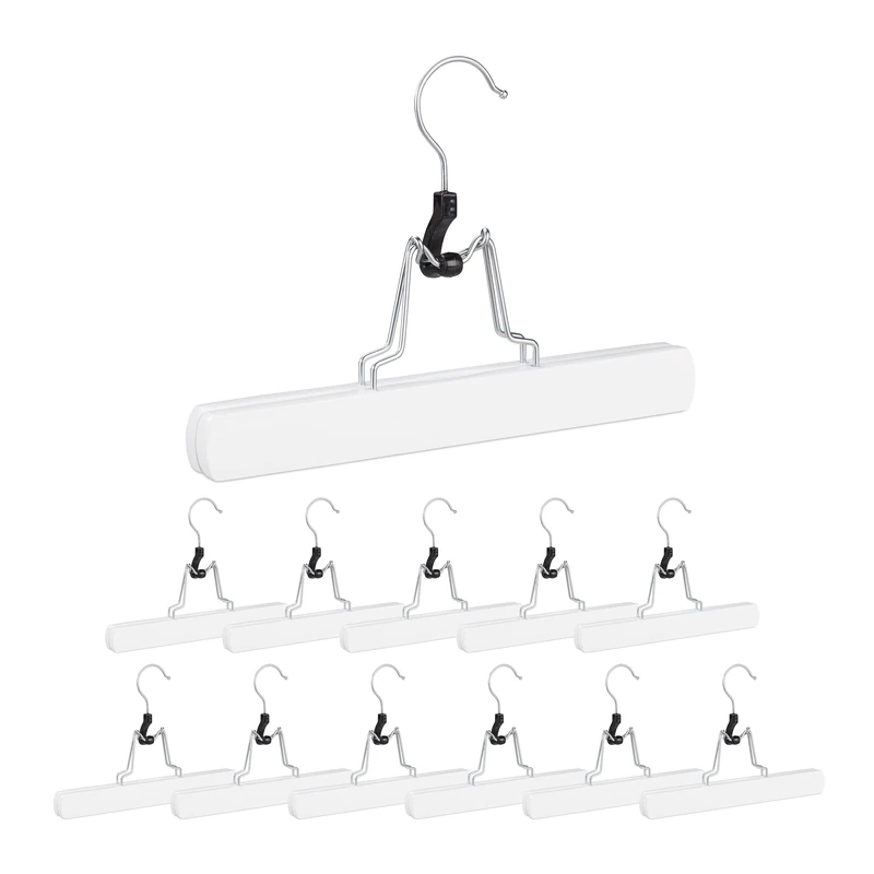 Set of 12 Relaxdays Wooden Trouser Hanger, 360° Swivel Hooks, Felt Protectors, HWD: 17x25x2.3 cm, Pants Holders, White