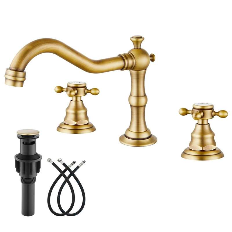 Bathroom Sink Faucet Widespread Double Cross Knobs Antique Brass 3 Hole Mixing Tap Deck Mount with Pop Up Drain