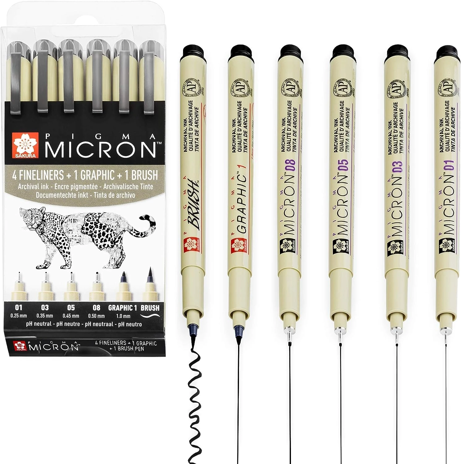 SAKURA Pigma Micron - Fineliner Pigment Pens - 01/03/05/08/Graphic/Brush - Pack of 6 - Black Ink