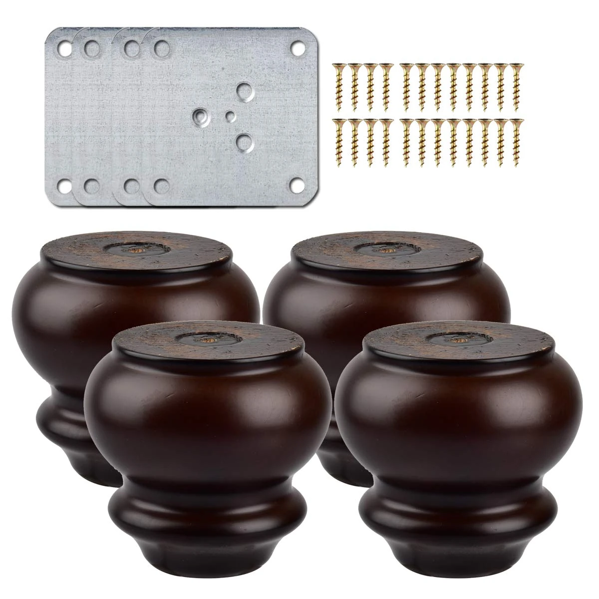La Vane 3 inch / 8cm Wooden Furniture Legs, Set of 4 Walnut Wood Round Gourd Replacement Bun Feet with Mounting Plate & Screws for Sofa Chair Couch Ottoman