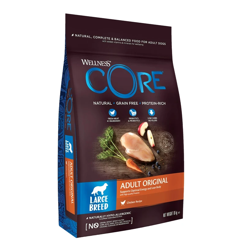 Wellness CORE Original 10 kg, Chicken – Dry Dog Food for Large Breeds, Grain-Free, Natural, Hypoallergenic, Protein-Rich, High Meat Content, Supports Optimal Energy & Lean Body