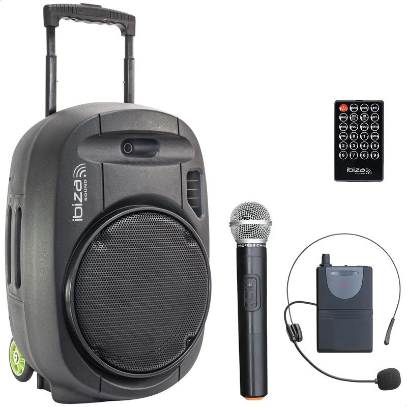 PORT12VHF-MKII - Ibiza Sound - Stand-alone portable sound system 12” with USB/MP3, Bluetooth, Vox & 2 VHF microphones, Black