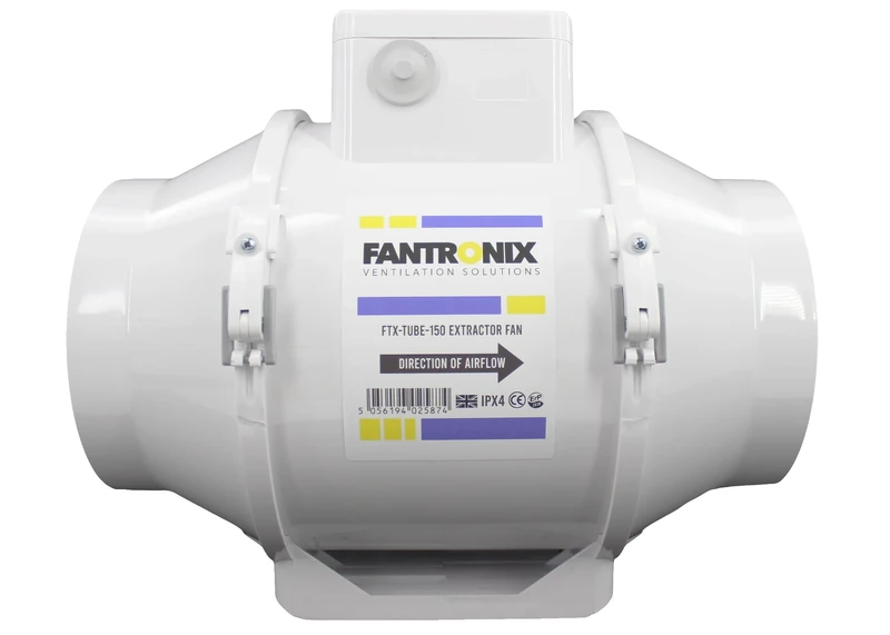 Fantronix 150 mm - 6 inch Diameter In Line Bathroom Extractor fan with Run On Timer Loft Mounted Inline Shower Ceiling Powerful Ventilation Damp Control Silent In-line Toilet Ventilator