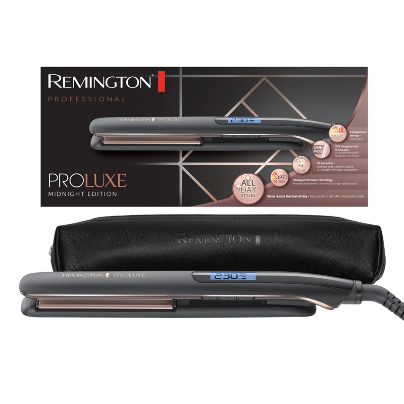 Remington PROLuxe Midnight Edition Straightening iron Warm Black,Rose Gold 3 m PROLuxe Midnight Edition, Straightening iron, Warm, Straight barrel-shaped, 150 °C, 230 °C, 10 s