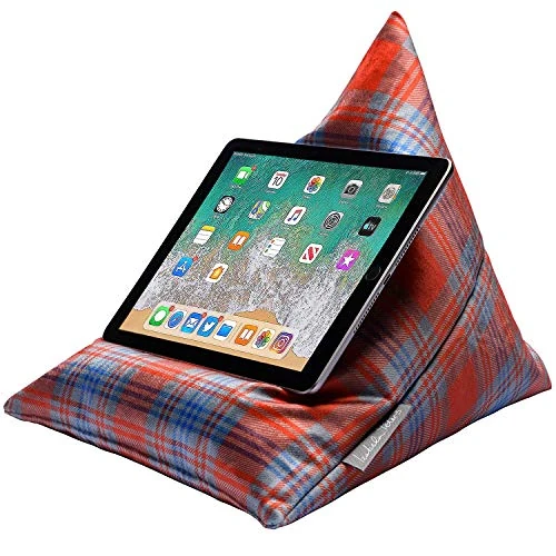 Izabela Peters Luxurious Bean Bag Cushion Tablet Stand for iPad, Kindle, Phone - Tartan - Red - Shimmer Velvet - Range of Designs & Colours - Image 1