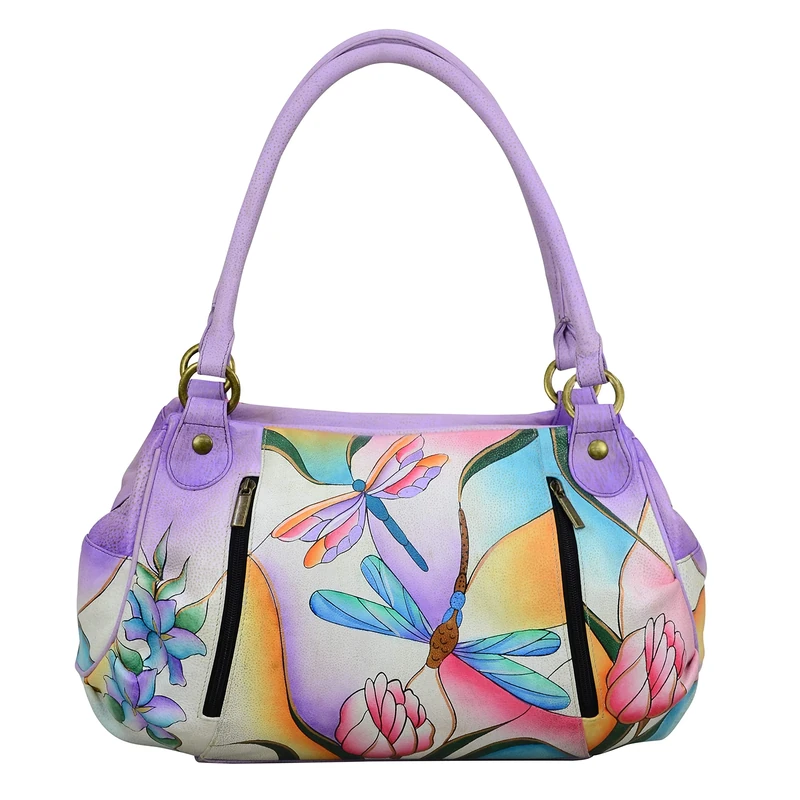 Anna by Anuschka Women's 8064 Satchel Ruched Handbag-Leather – Dragonfly Glass Painting, One Size