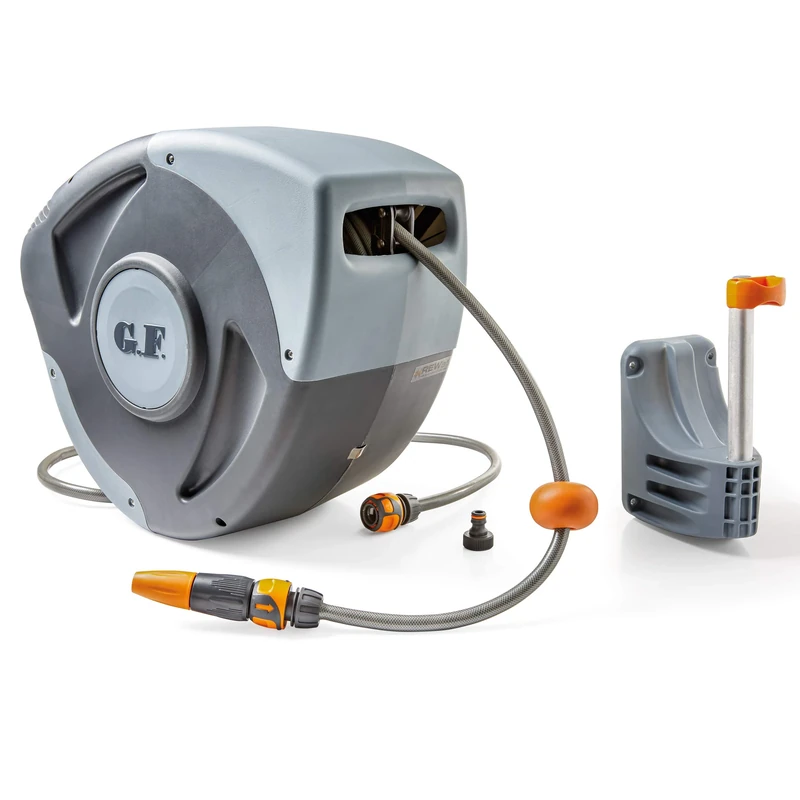 GF Garden - Rewall 30M Wall-Mounted Automatic Hose Reel : Short Step Lock, Inertial Brake, Self-Rewinding. Ideal For Medium to Large Gardens