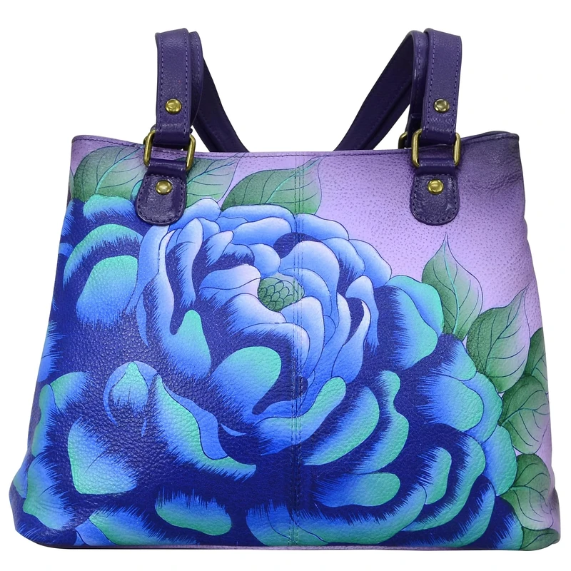 Anna by Anuschka Women's Satchel Shoulder Handbag Leather, Precious Peony Eggplant, One Size