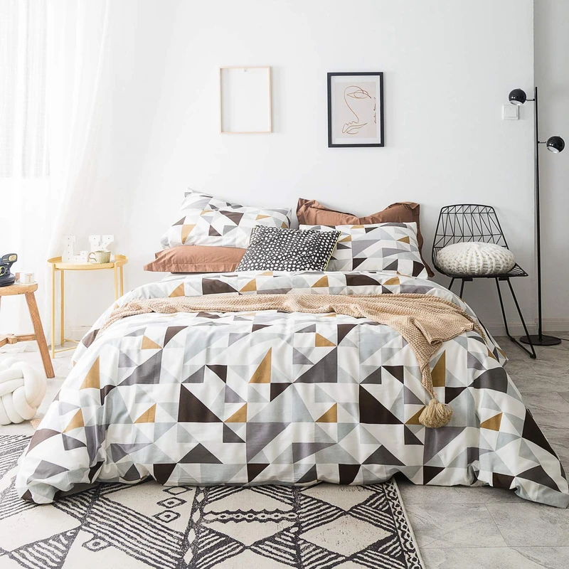 SUSYBAO Triangle Patterned Duvet Cover King Size 100% Cotton 3 Pieces Set 1 Colorful Geometric Print Duvet Cover with Zipper Ties 2 Pillowcases Mid Century Soft Abstract Geometric Bedding Set
