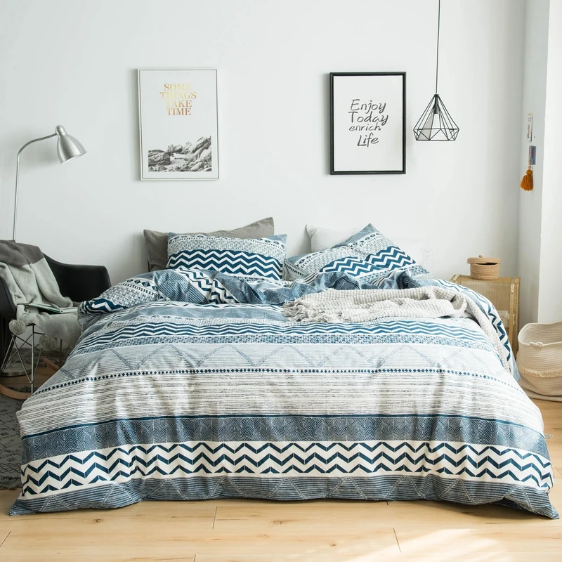 SUSYBAO Boho Striped Duvet Cover King 100% Cotton 3 Pieces Set 1 Teal Blue Bohemian Stripe Duvet Cover with Zipper Ties 2 Pillowcases Vintage Blue Zigzag Aztec Bedding Set Soft