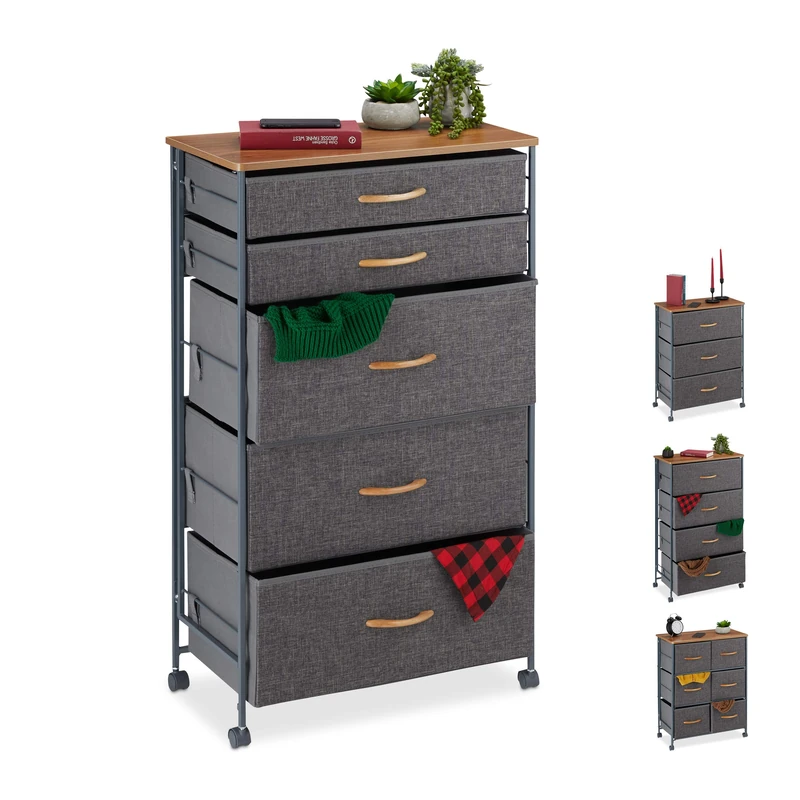 Relaxdays Chest of Drawers on Castors, 5 Fabric Drawers, Decor Fabric Stand, Wood Look, HWD 96.5 x 58 x 30 cm, Grey
