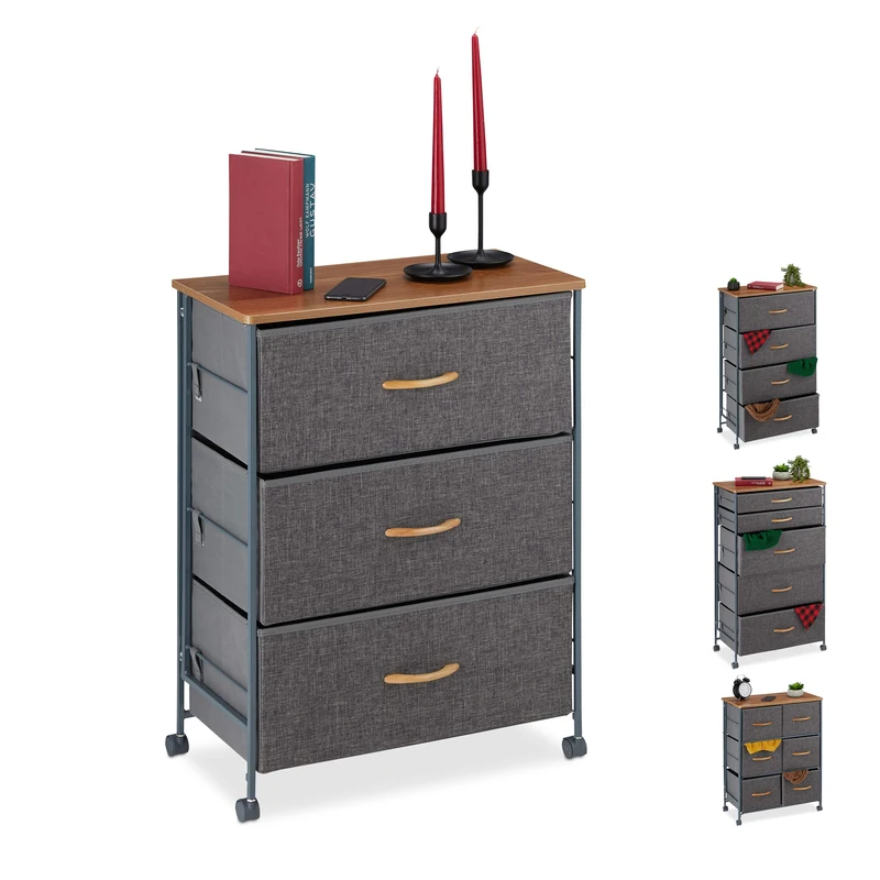 Relaxdays Chest of Drawers on Castors, 3 Fabric Drawers, Decor Fabric Stand, Wood Look, HWD 74.5 x 58 x 30 cm, Grey