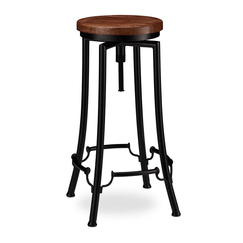 Relaxdays Industrial Barstool, Swivel Bar Seat, Vintage Chair, Iron & Wood, Height-Adjustable to 77.5 cm, Black/Brown