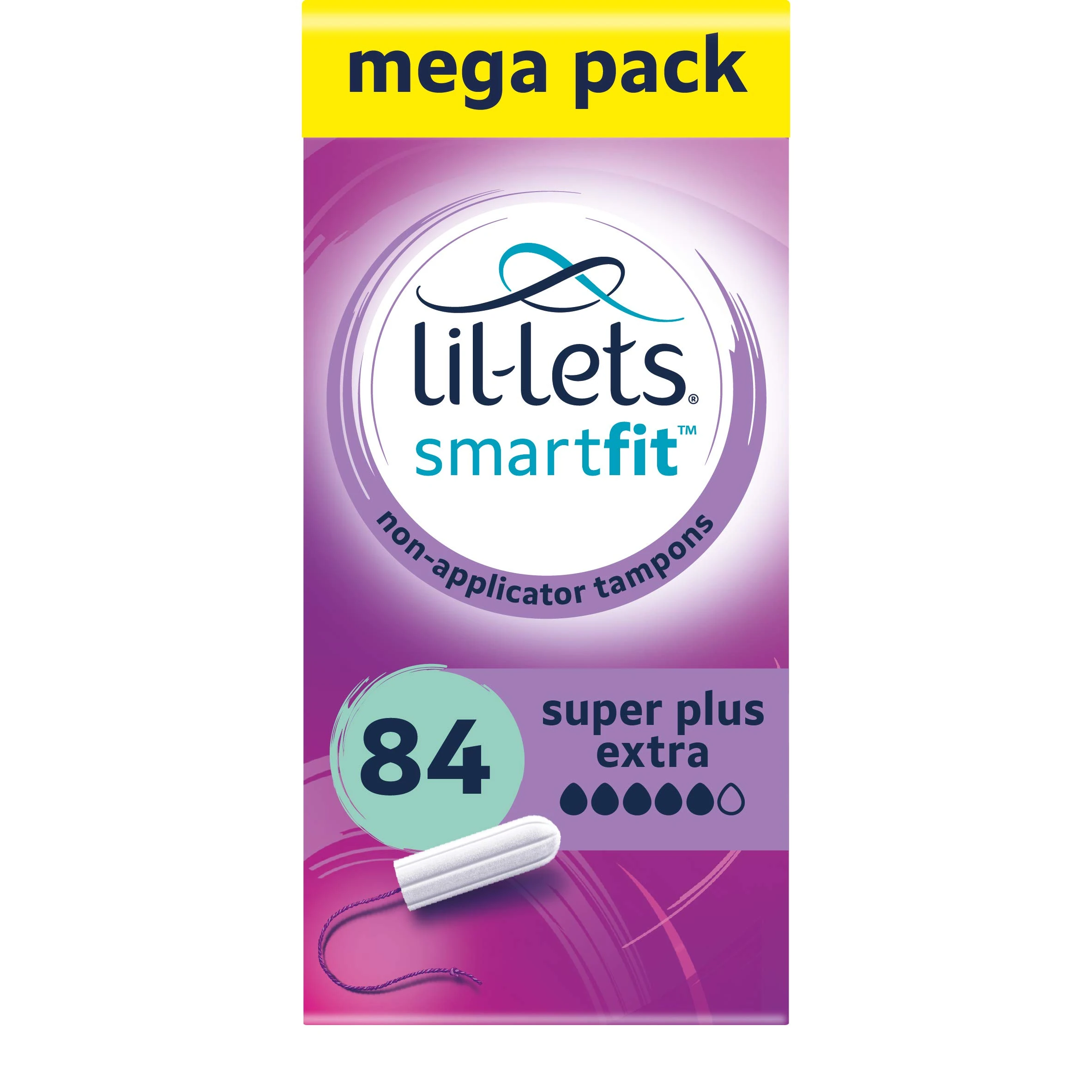 Lil-Lets Non-Applicator Super Plus Extra Tampons X 84, (6 Packs of 14 Tampons), For Very Heavy Flow, 5 Droplets, Plant-Based, SmartFit Non-App Tampon