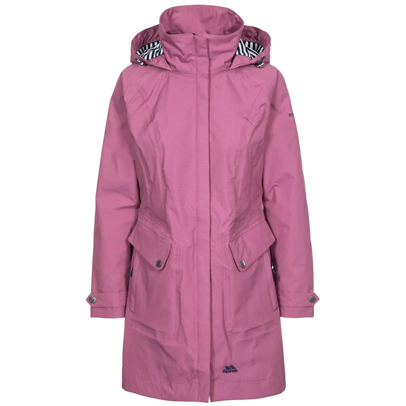 Trespass Womens Jacket Rainy Day - Waterproof, Breathable, Taped Seam, Longer Length, Shell Taslan Fabric, Yarn-Dyed Striped Lining, Contrast Trims, Adjustable Hood, Multiple Pockets, Stud Cuffs