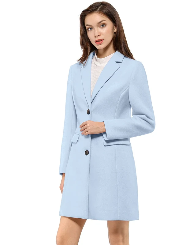 Allegra K Women's Notched Lapel Single Breasted Outwear Winter Coat Blue L