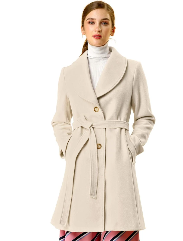 Allegra K Women's Single Breasted Belted Midi Winter Coat Beige M
