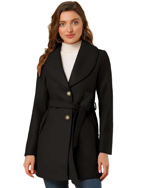 Allegra K Women's Single Breasted Belted Midi Winter Coat Black L
