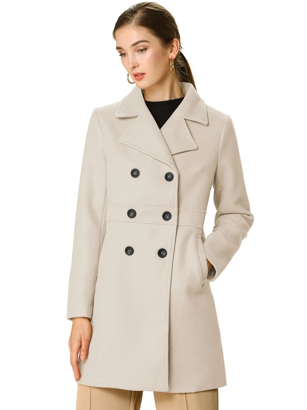 Allegra K Women's Double Breasted Notched Lapel Long Winter Coats Beige S