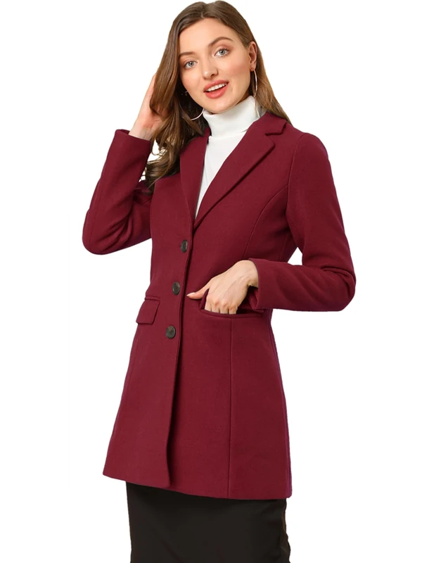 Allegra K Women's Notched Lapel Single Breasted Outwear Winter Coat Burgundy S