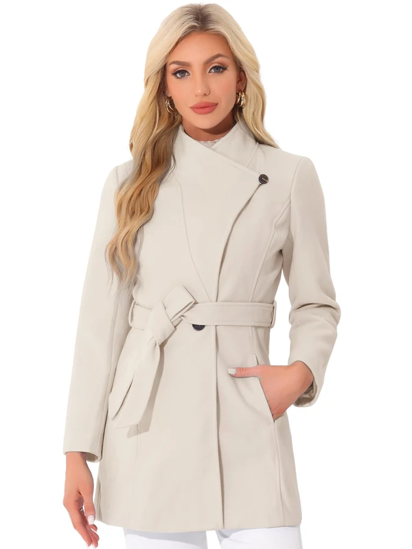 Allegra K Women's Winter Elegant Stand Collar Long Sleeve Long Belted Coats Beige L