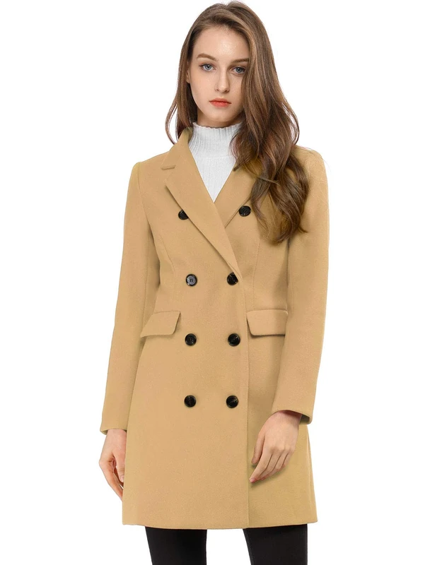 Allegra K Women's Winter Coat Elegant Notched Lapel Double Breasted Trench Coat Khaki XS