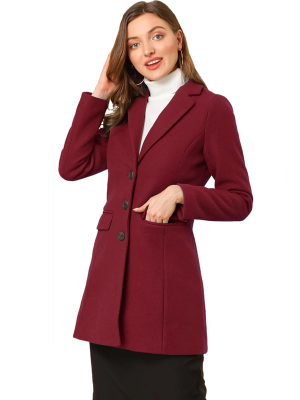 Allegra K Women's Notched Lapel Single Breasted Outwear Winter Coat Burgundy XL