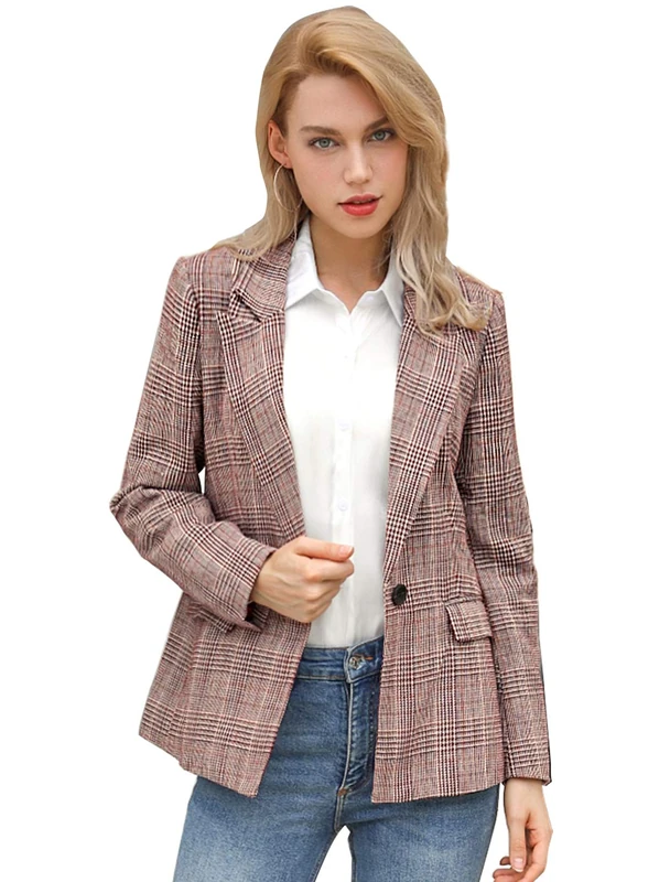 Allegra K Women's Christmas CostumeBlazers Boyfriend Notched Lapel Plaid Blazer Jacket Burgundy L-16