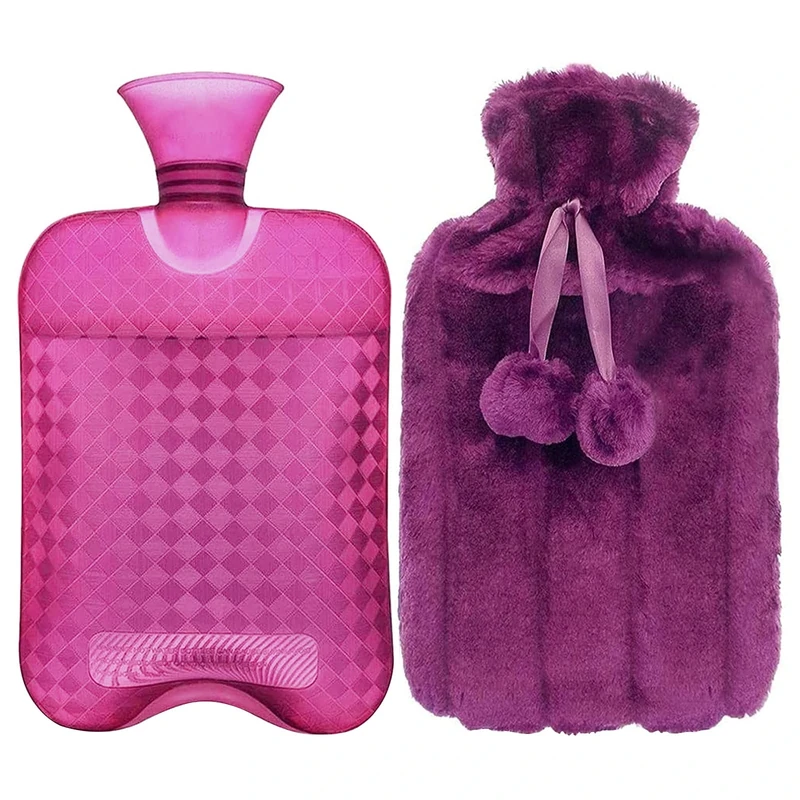 Newthinking Hot Water Bottles with Cover, 2L Large Hot Water Bottle with Fluffy Cover, PVC Clear Hot Water Bag for Warm Pain Relief and Cold Heat Therapy (Purple)