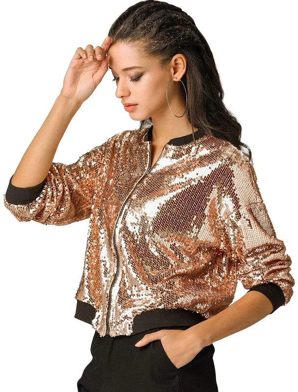Allegra K Women's Glitter Cropped Long Sleeve Zipper Sequin Bomber Jacket Rose Gold L