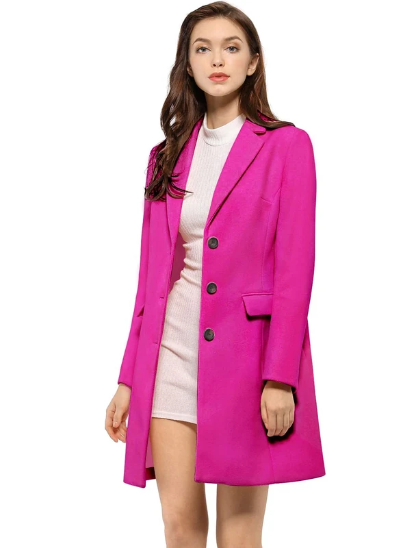 Allegra K Women's Notched Lapel Single Breasted Outwear Winter Coat Hot Pink L