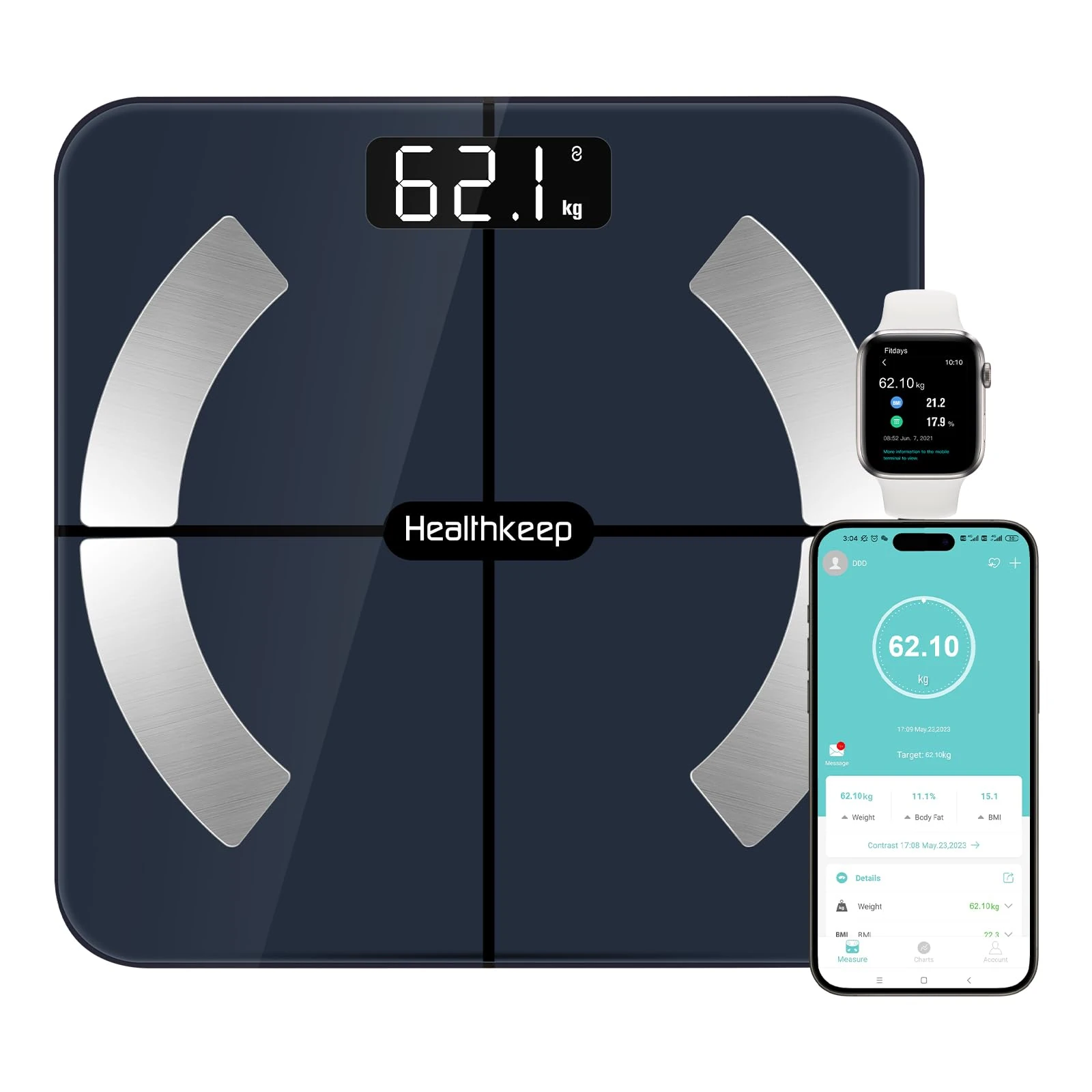 Healthkeep Scales for Body Weight with App 13 Body Composition Metrics, Digital Bathroom Scales with Bluetooth Weighing Scale, App Compatible with iOS Android 11 * 11 Iches (Blue)